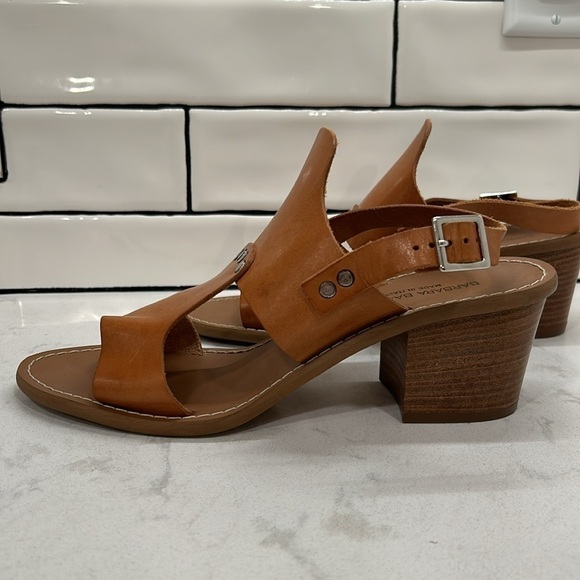 Barbara Barbieri Brown Tan Leather Sling Back Stacked Wood Block Heels Open Toe - Picture 6 of 16